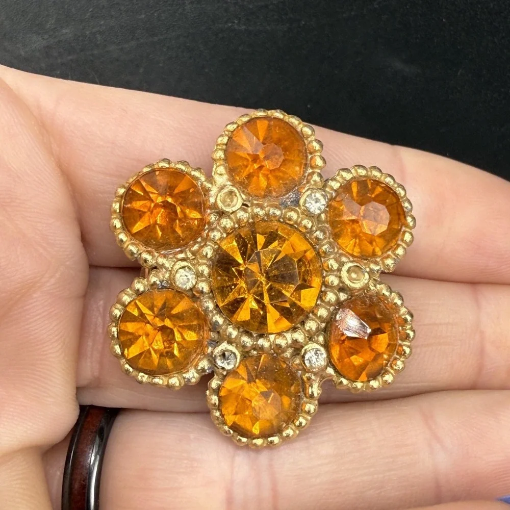 Vintage Estate Brooch Gold Orange Rhinestone Flower Floral Pin